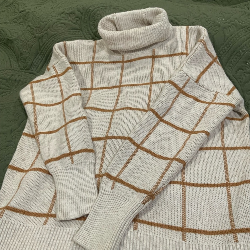 Madewell Cream and Brown Grid Turtleneck Sweater Cotton/Merino Wool Heavy
